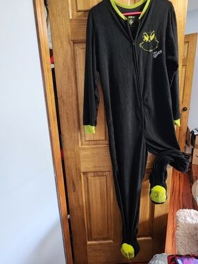 Dr. Seuss Grinch Black One-Piece Footie Pajamas with Lime Green Accents